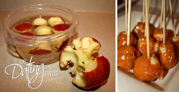 Bite-sized caramel apples on skewers for a winter date
