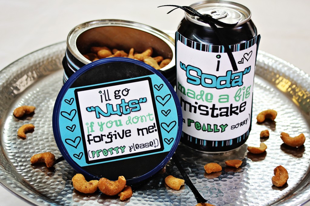 A can of soda and a jar of nuts along with a note saying "I SODA made a mistake, I'll go NUTS if you don't forgive me"