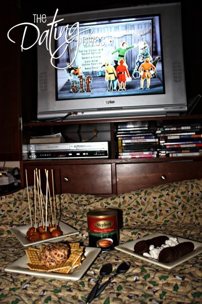 A cozy spread of holiday snacks for a winter movie date