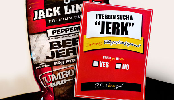 A bag of jerky with a note to apologize saying "Sorry I've been suck a JERK"